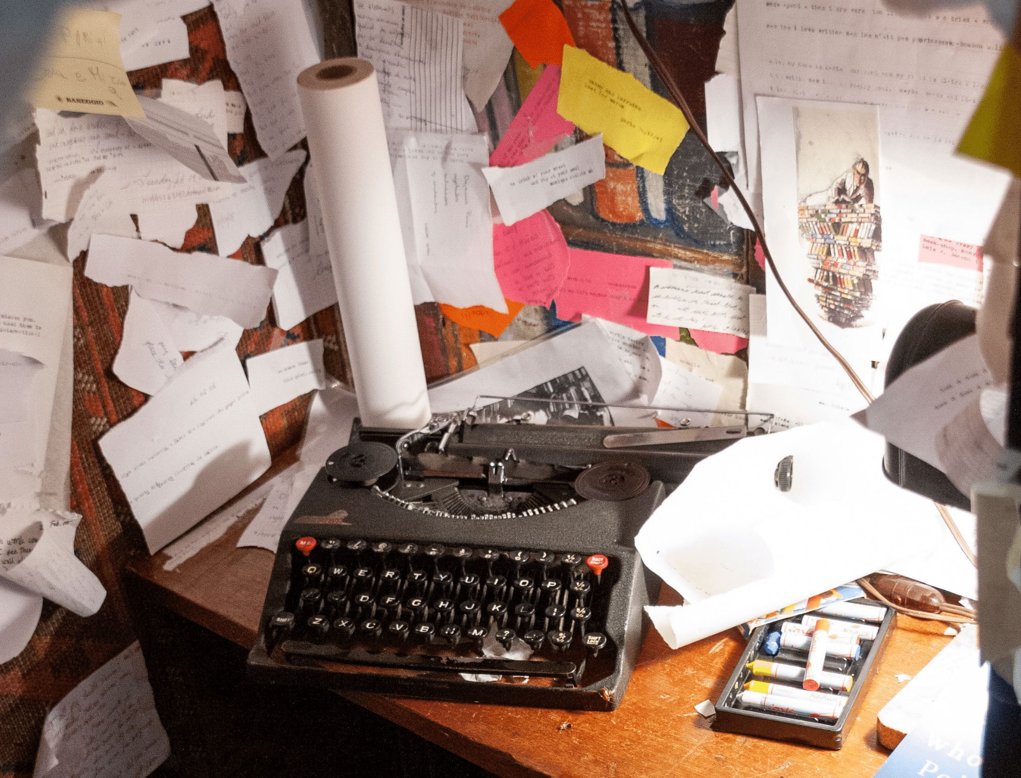 Cluttered workspace with typewriter. Navigate these self-publishing book costs with Publish Your Purpose.